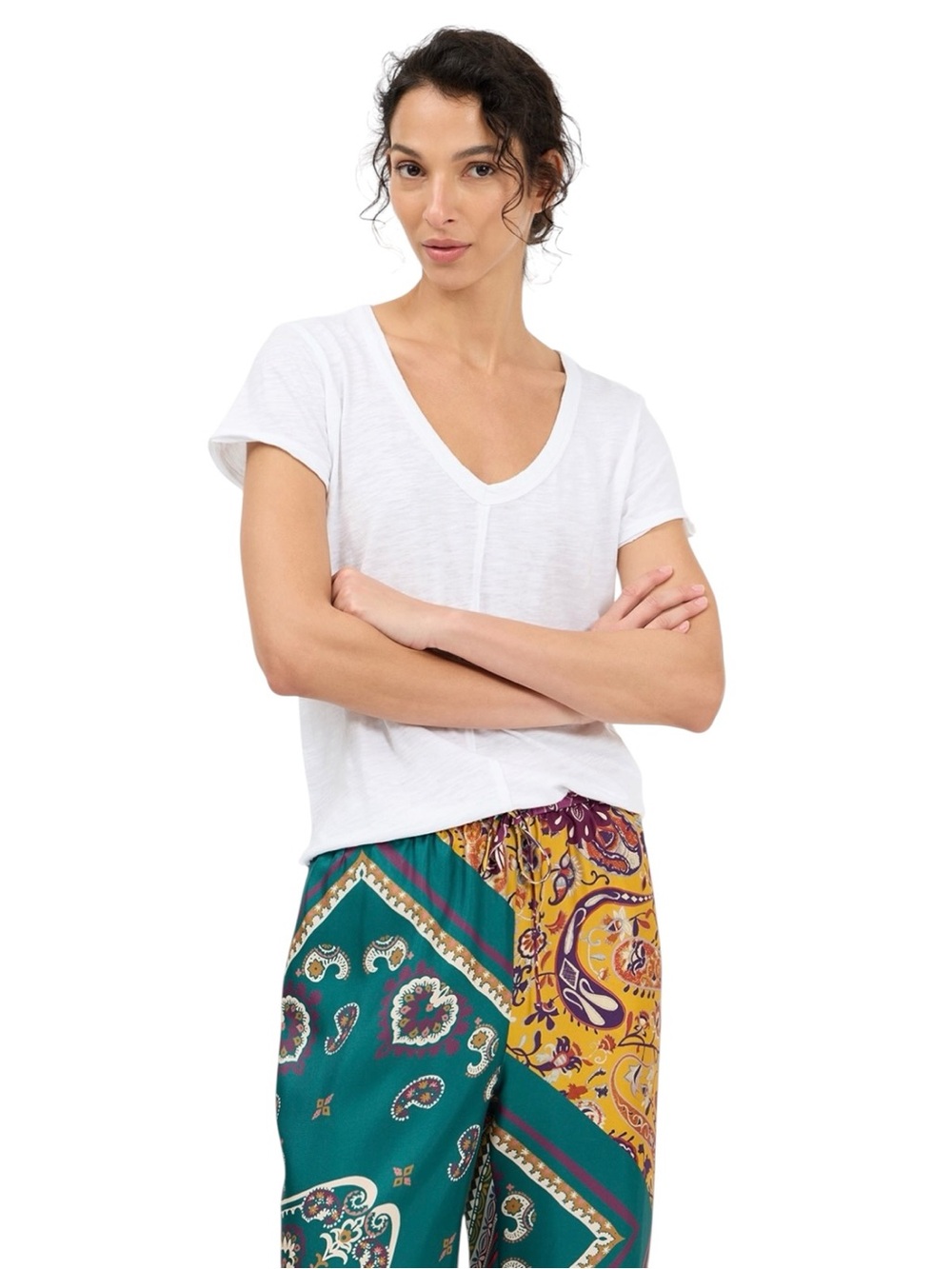 bobi Los Angeles Deep V-Neck Slub Jersey White Women's Tee